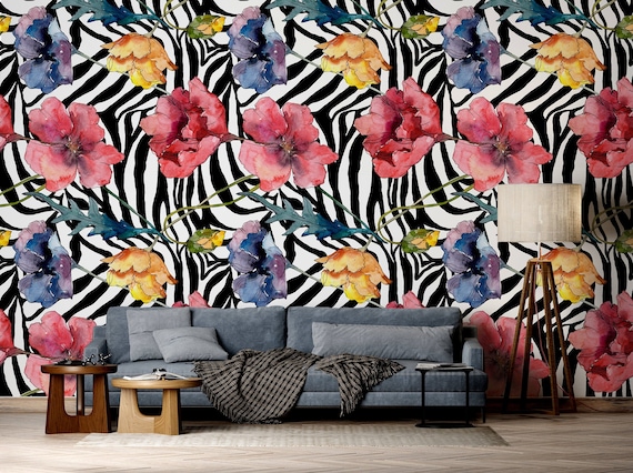 Floral Wallpaper With Watercolor Poppy Flowers on Zebra - Etsy