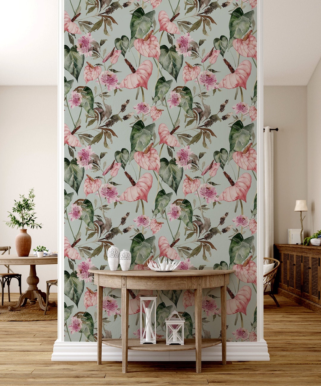 Mint Floral Wallpaper With Pink Flowers and Green Leaves, Peel and