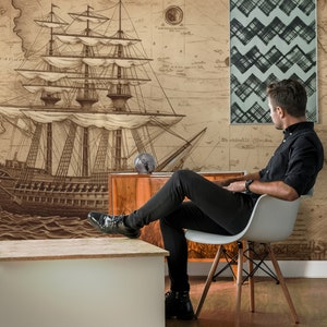 Vintage reisbehang met schip, Muurschildering, Zelfklevend (Peel and Stick) of Niet zelfklevend (Vinyl/Traditioneel)
