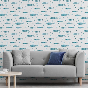 Blue watercolor fish wallpaper, Wall Mural, Self Adhesive (Peel and Stick) or Non Self Adhesive (Vinyl/Traditional)
