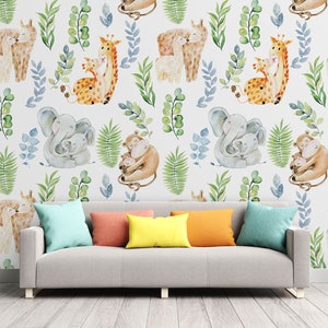 Watercolor animal wallpaper, giraffe, elephant, monkey, llama, Removable Wallpaper, Self Adhesive, Peel and Stick, Wall Decor