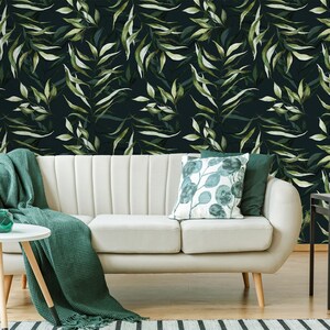 Green tropical leaves wallpaper on dark background, watercolor floral jungle, Removable Wallpaper, Self Adhesive, Peel and Stick, Wall Decor