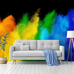 Colorful rainbow wallpaper, dark black background, Wall Mural, Removable Wallpaper, Self Adhesive, Peel and Stick, Wall Decor