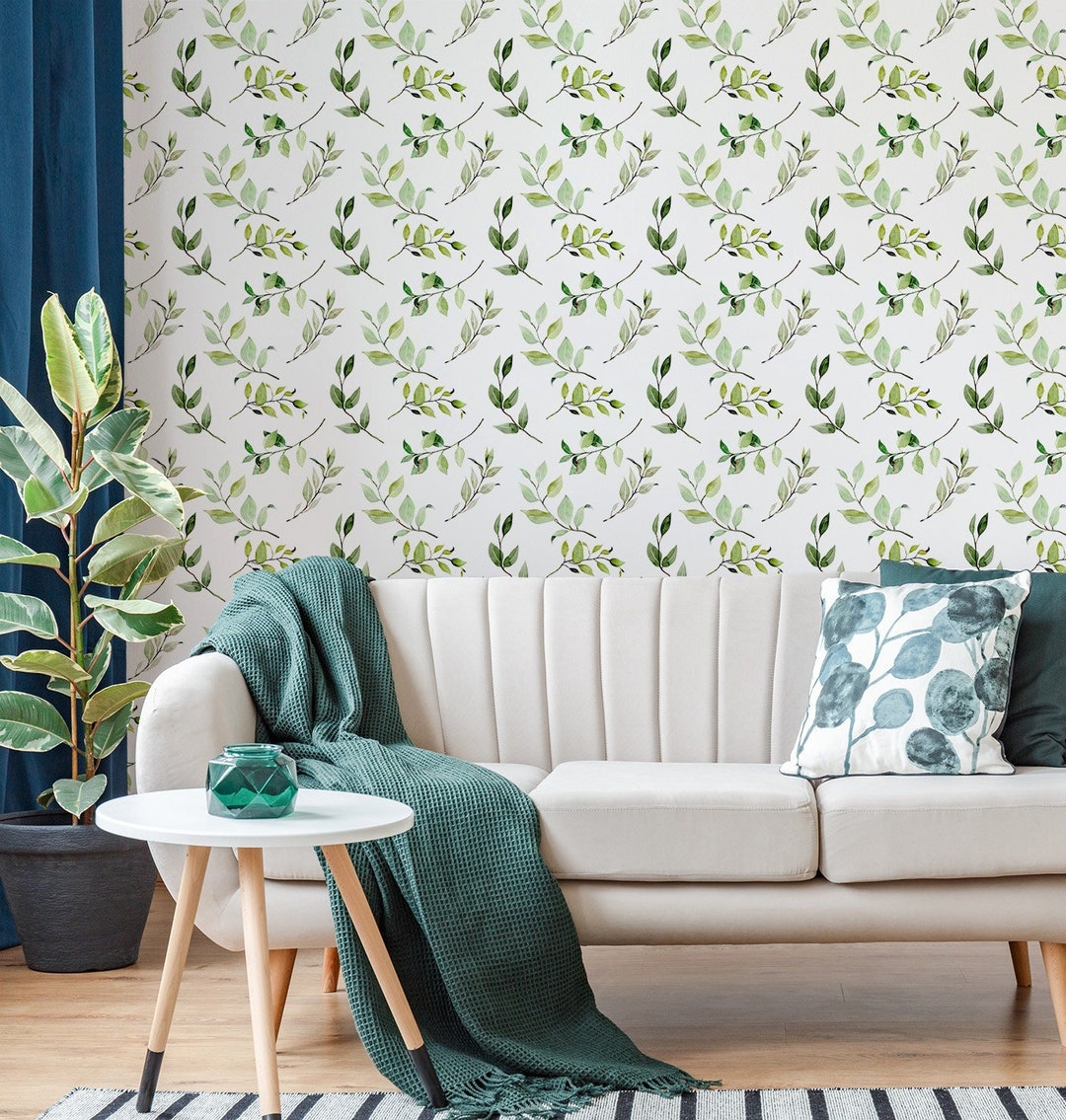 Watercolor Green Branches Wallpaper White Background Wall Etsy