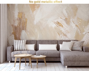 Abstract paint wallpaper, modern beige and matte gold, Wall Mural, Self Adhesive (Peel and Stick) or Non Self Adhesive (Vinyl/Traditional)