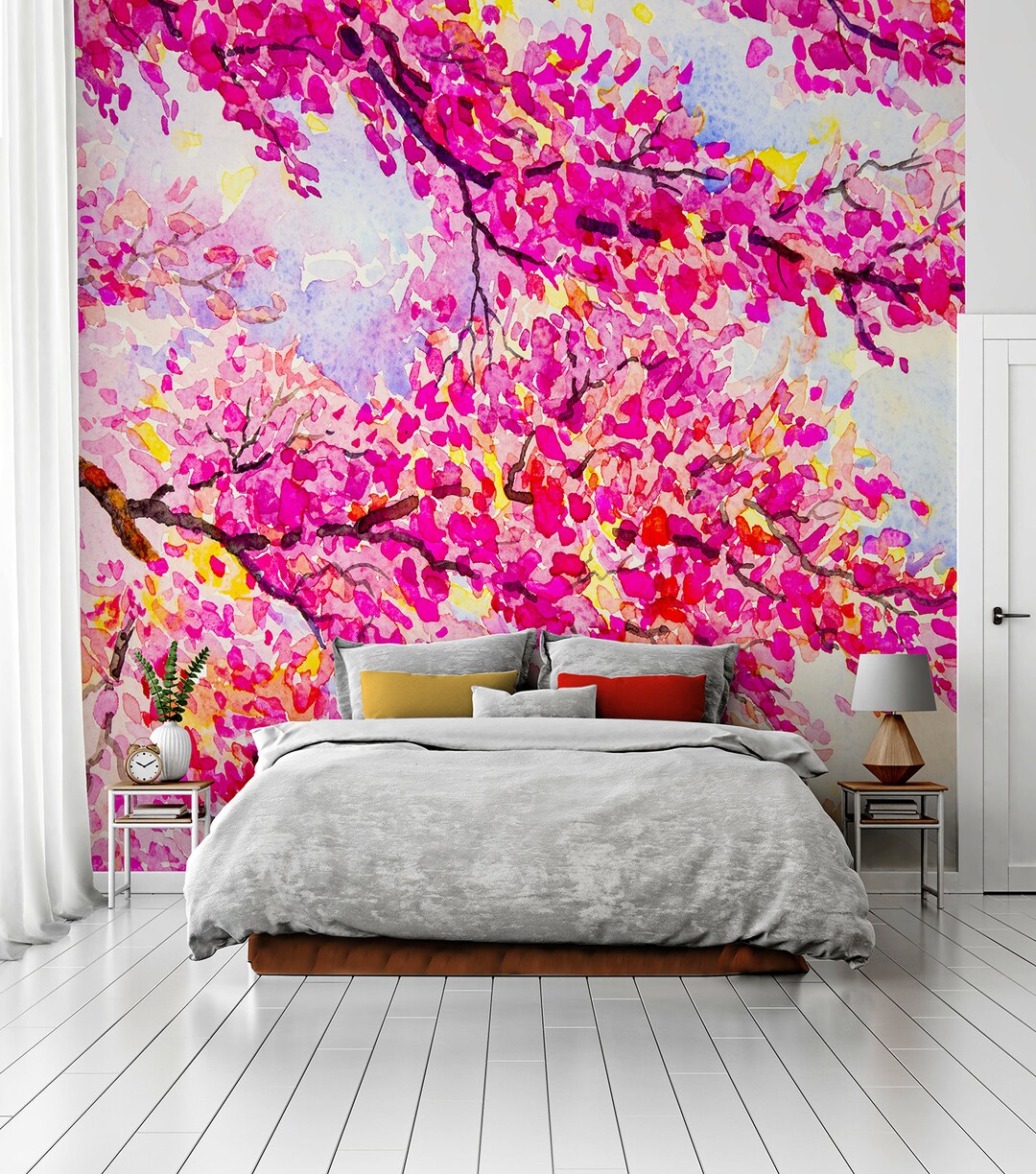 Pink Wallpaper With Watercolor Tree, Branches With Pink Leaves ...
