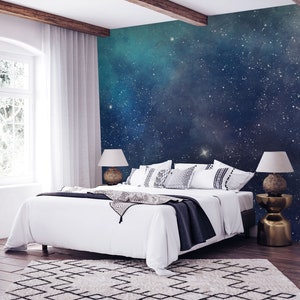 Blaue Aquarell-Weltraumtapete, abnehmbare Tapete, selbstklebend, abziehen und aufkleben, Wanddekoration
