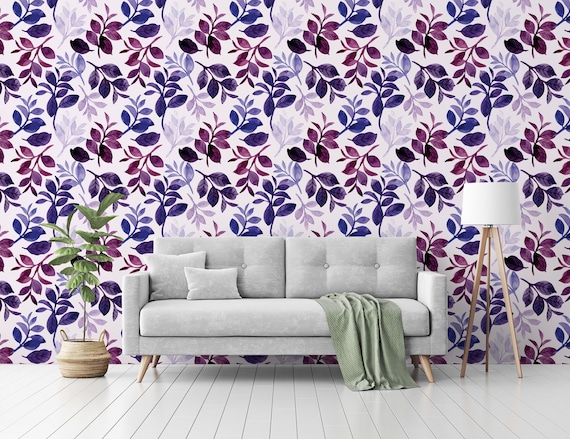 Blue and purple watercolor wallpaper leaves pattern Wall | Etsy