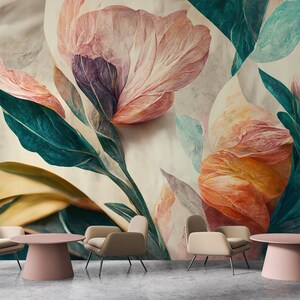 Floral wallpaper, flowers and leaves, Wall Mural, Removable, Self Adhesive (Peel&Stick), Non Self Adhesive(Vinyl), Wall Decor