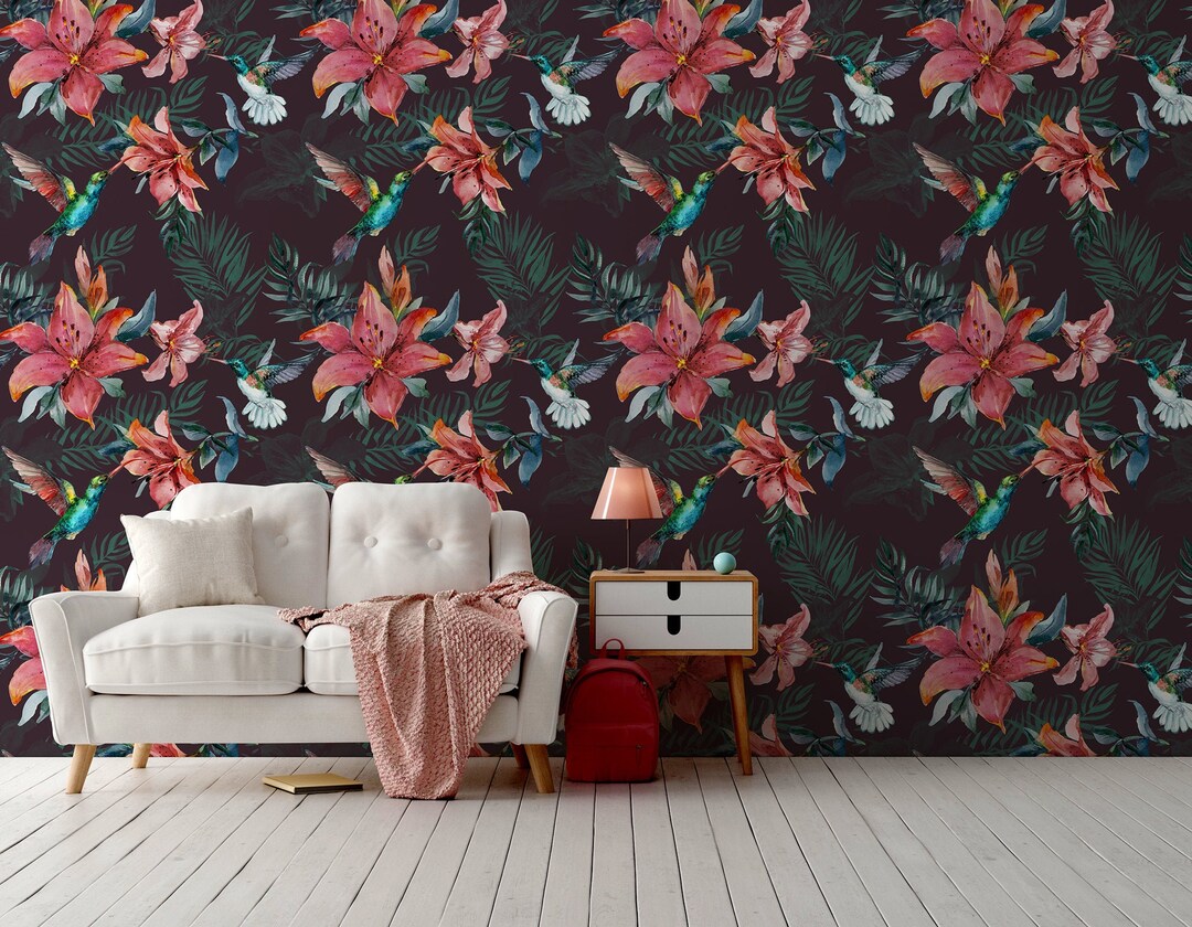 Dark Exotic Floral Wallpaper With Red Flowers and Hummingbirds, Exotic ...