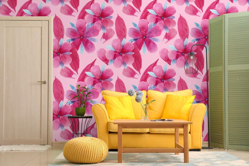 Watercolor Pink Floral Wallpaper, Botanical Wall Mural, Removable Wall ...