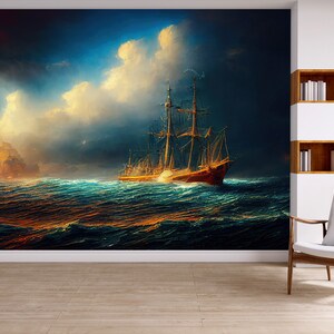 Watercolor wallpaper with ships, ocean, Wall Mural, Removable, Self Adhesive (Peel and Stick), Non Self Adhesive (Vinyl), Wall Decor