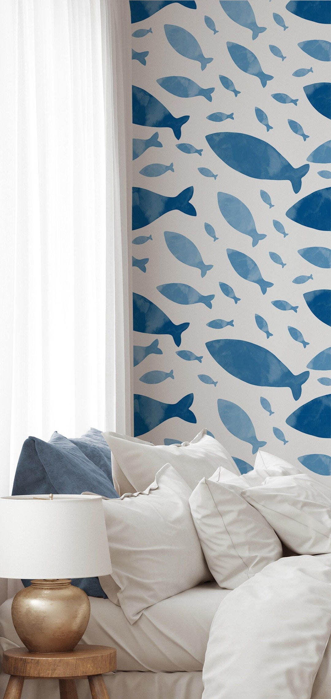 Abstract Fish Wallpaper, Blue Watercolor Wall Mural, Removable, Self ...