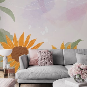 Floral wallpaper, botanical watercolor sunflower, Wall Mural, Self Adhesive (Peel and Stick) or Non Self Adhesive (Vinyl/Traditional)