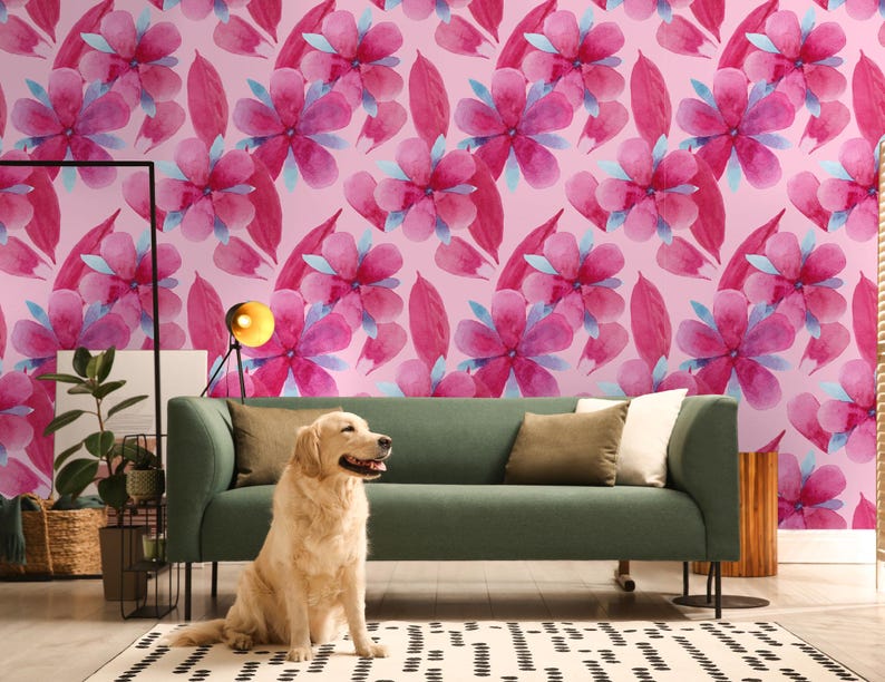Watercolor Pink Floral Wallpaper, Botanical Wall Mural, Removable Wall ...
