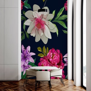 Vector Wallpaper With Big Peonies and Lilys Flowers on Dark Background ...