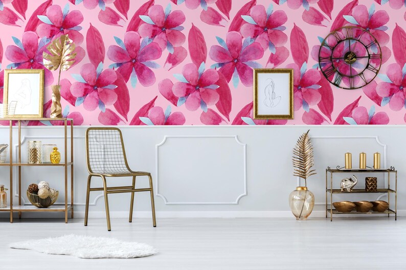 Watercolor Pink Floral Wallpaper, Botanical Wall Mural, Removable Wall ...