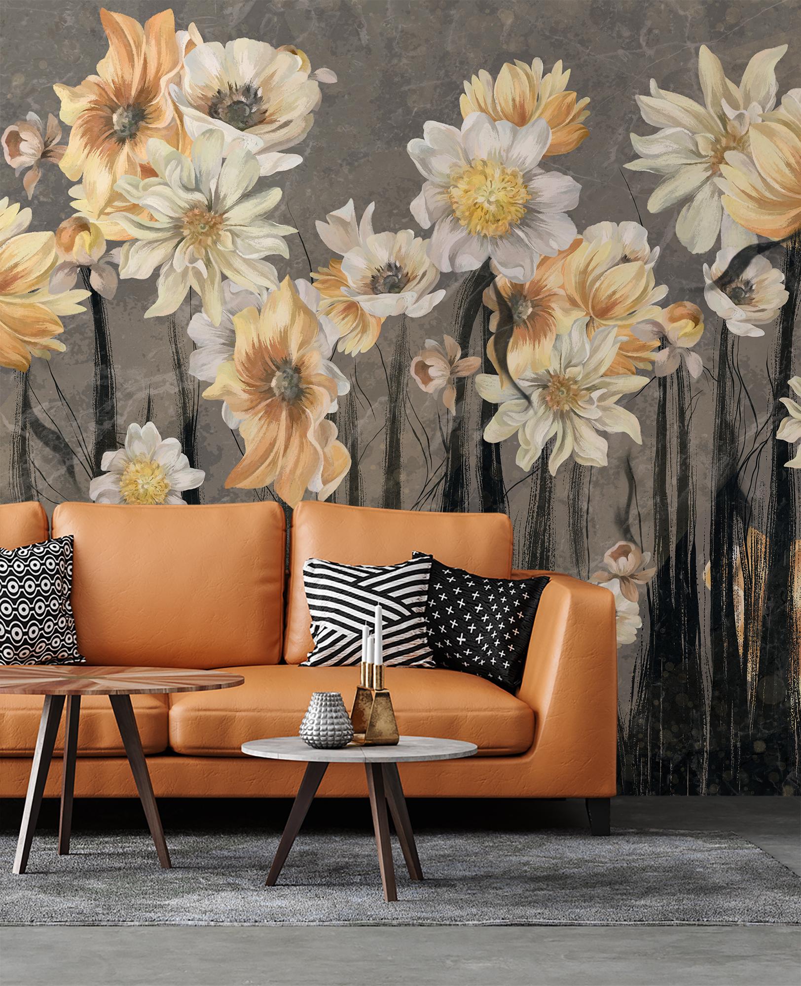 Floral watercolor wallpaper, dark wall mural, Removable Wall Art, Peel and Stick or Non Self Adhesive (Vinyl), Wall Decor