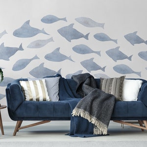 Watercolor blue fish wallpaper, animal Wall Mural, Self Adhesive (Peel and Stick) or Non Self Adhesive (Vinyl/Traditional)