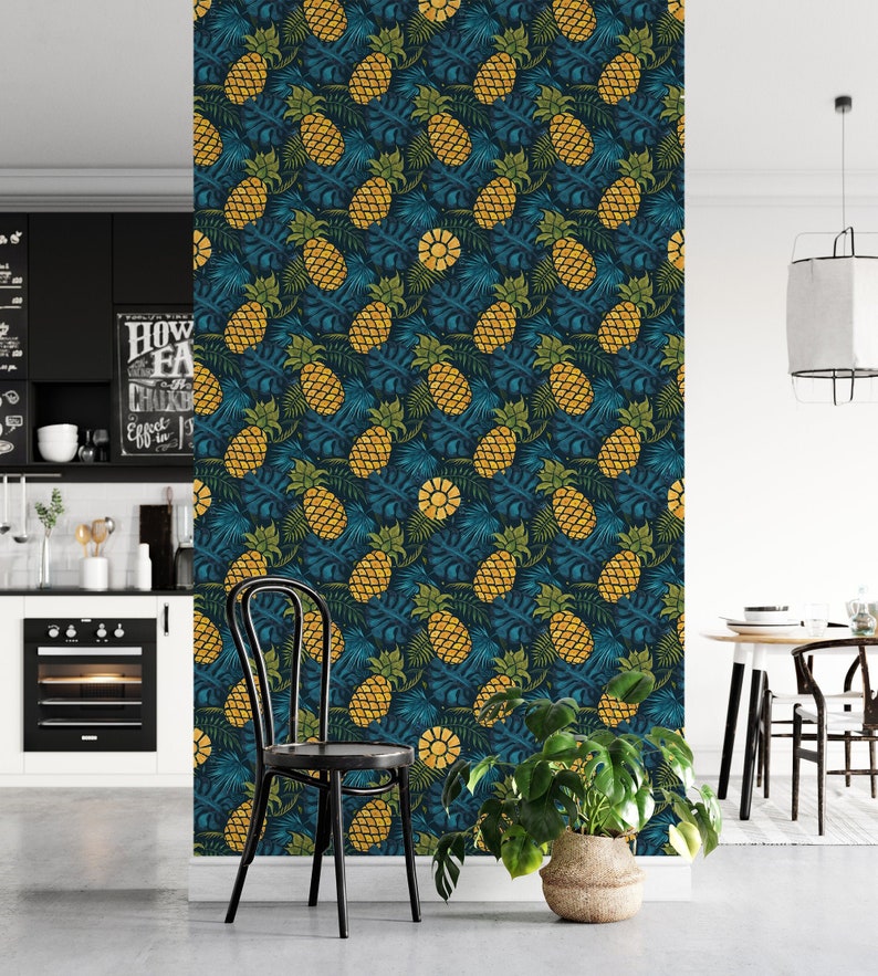 Japan Max 73% OFF Maker New Dark Exotic Wallpaper with Navy Leaves Blue Monstera Yellow and