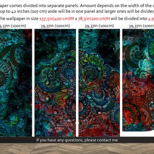 May include: A colourful abstract mandala pattern wallpaper divided into four panels. Each panel measures 39.37 inches by 100 centimetres. The wallpaper is 157.5 inches wide by 78.5 inches high.