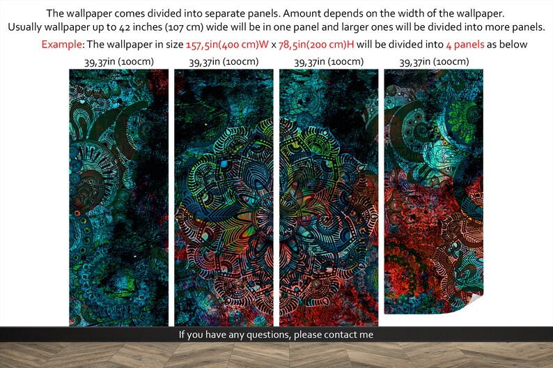 May include: A colourful abstract mandala pattern wallpaper divided into four panels. Each panel measures 39.37 inches by 100 centimetres. The wallpaper is 157.5 inches wide by 78.5 inches high.