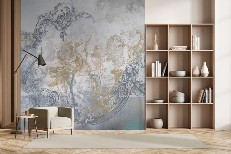 Modern Rococo Wallpaper, Birds, Concrete, Grunge, Wall Mural, Removable ...