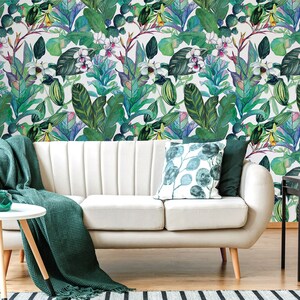 Watercolor wallpaper with tropical leaves and flowers, Removable Wallpaper, Self Adhesive, Peel and Stick, Wall Decor