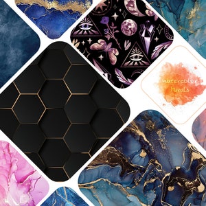 Pu&ograve; includere: Un collage di diversi motivi ad acquerello, tra cui disegni di marmo astratti con accenti dorati, esagoni geometrici e un motivo floreale con simboli celesti. Il testo "Watercolor Murals" &egrave; scritto in un font ad acquerello.