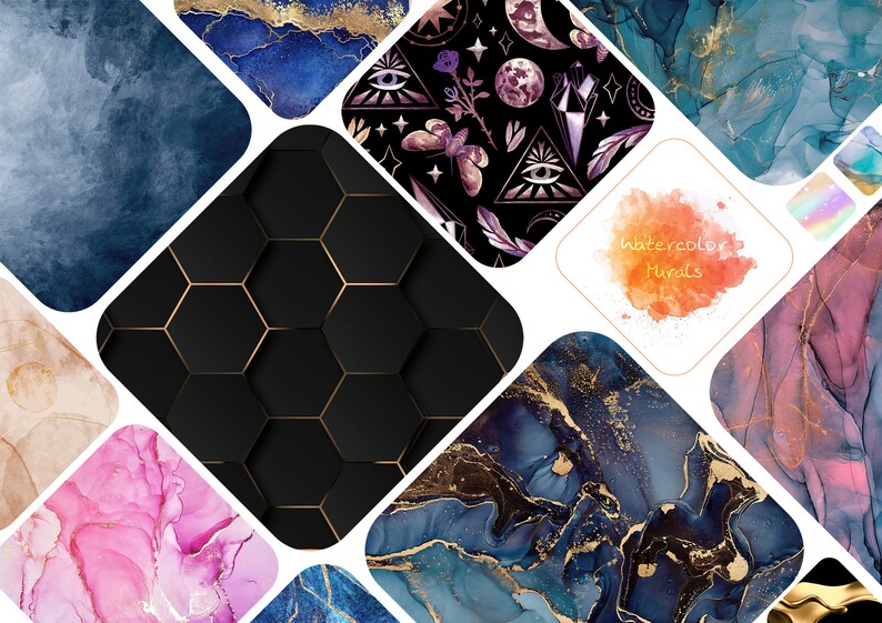 Pu&ograve; includere: Un collage di diversi motivi ad acquerello, tra cui disegni di marmo astratti con accenti dorati, esagoni geometrici e un motivo floreale con simboli celesti. Il testo "Watercolor Murals" &egrave; scritto in un font ad acquerello.