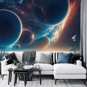 Space wallpaper, planet pattern, Wall Mural, Removable, Self Adhesive (Peel and Stick), Non Self Adhesive (Vinyl), Wall Decor