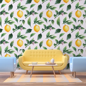 Lemon on a branch wallpaper, watercolor, citrus leaves, fruit, Wall Mural, Removable Wallpaper, Self Adhesive, Peel and Stick, Wall Decor