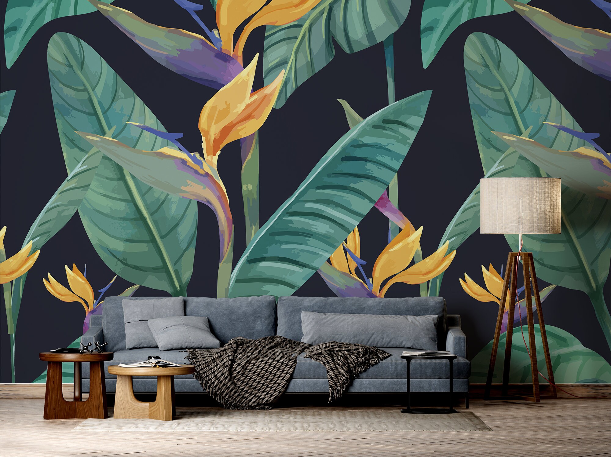 Dark Tropical Vector Wallpaper With Big Green Leaves and Orange