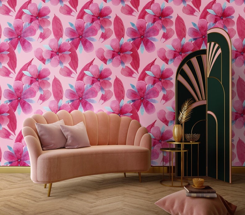 Watercolor Pink Floral Wallpaper, Botanical Wall Mural, Removable Wall ...