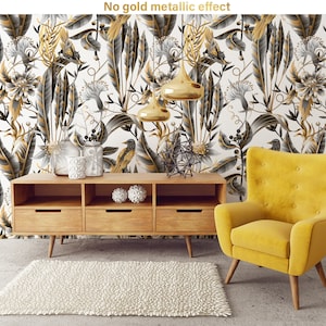Wallpaper with gold leaves, flowers and birds, Wall Mural, Removable, Self Adhesive (Peel & Stick), Non Self Adhesive (Vinyl), Wall Decor