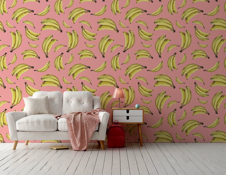 Pink Wallpaper with Bananas Pattern, Funny Wallpaper, Fruits, Peel and Stick,Removable Wall Mural, Self Adhesive, Wall Decor image 1