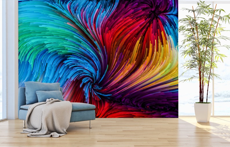 Pu&ograve; includere: Stampa d'arte astratta con un motivo a spirale di linee colorate in tonalit&agrave; di blu, verde, rosso, giallo e viola.