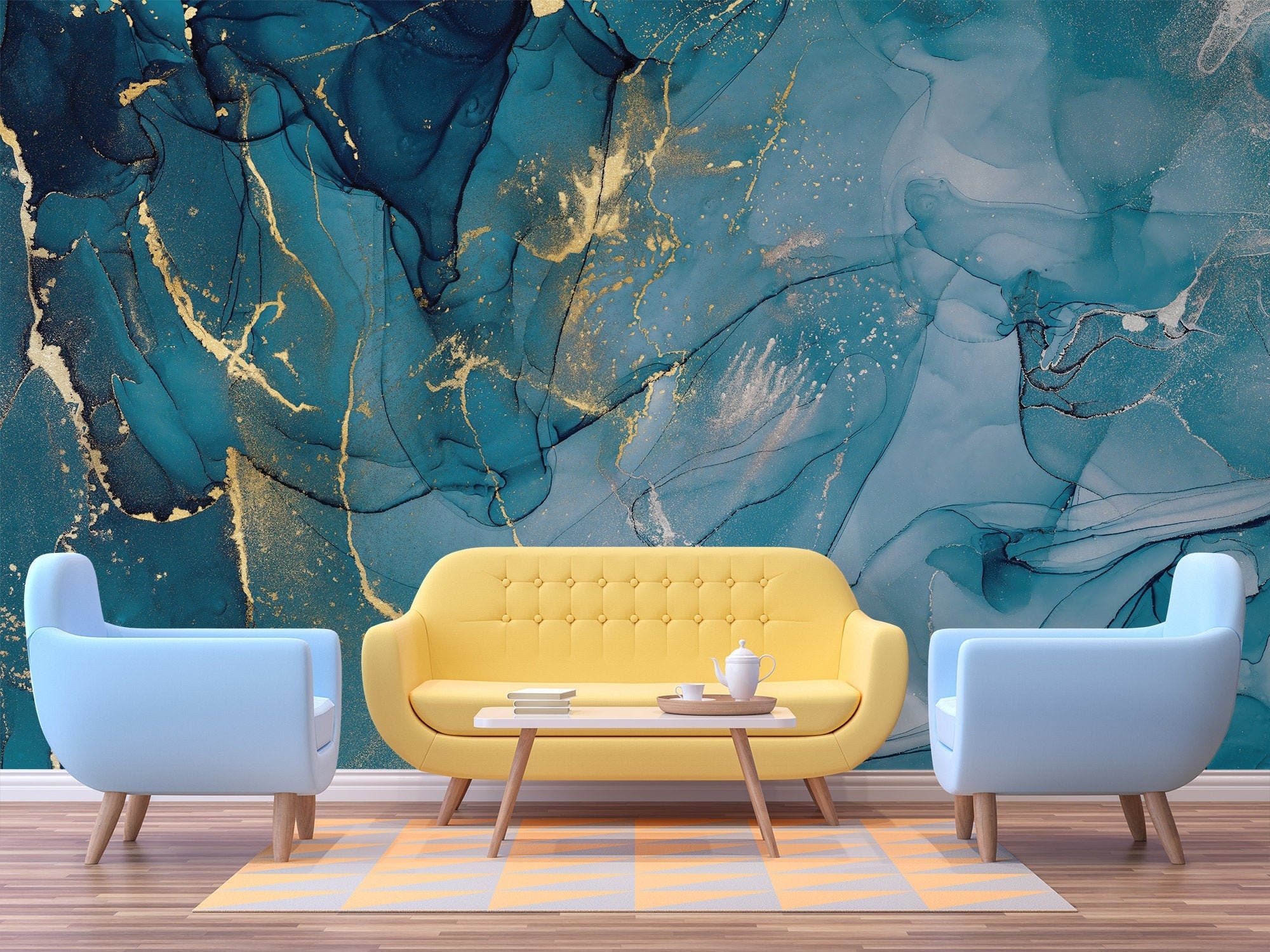 self adhesive removable wallpaper, peel and stick abstract turquoise and gold wall mural Watercolor blue marble wallpaper