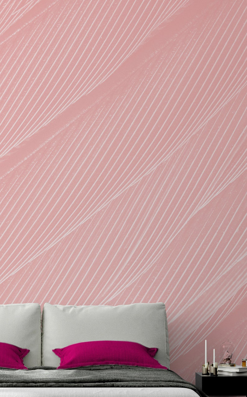 Pink Wallpaper With White Watercolro Lines Geometric Peel and Etsy