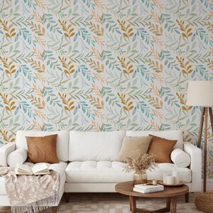 Watercolor leaves wallpaper, Wall Mural, Removable, Self Adhesive (Peel and Stick), Non Self Adhesive (Vinyl), Wall Decor