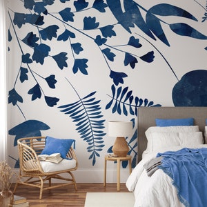 Blue watercolor plants wallpaper, leaves and branches, Wall Mural, Self Adhesive (Peel and Stick) or Non Self Adhesive (Vinyl/Traditional)