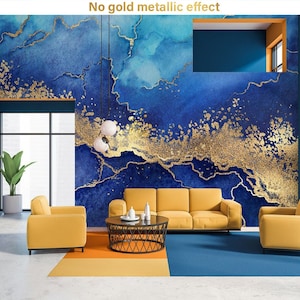 Abstrakte Tapete, blauer und gelber matter (nicht metallischer) Marmor, Wandbild, abnehmbare Tapete, selbstklebend, abziehen und aufkleben, Wanddekoration