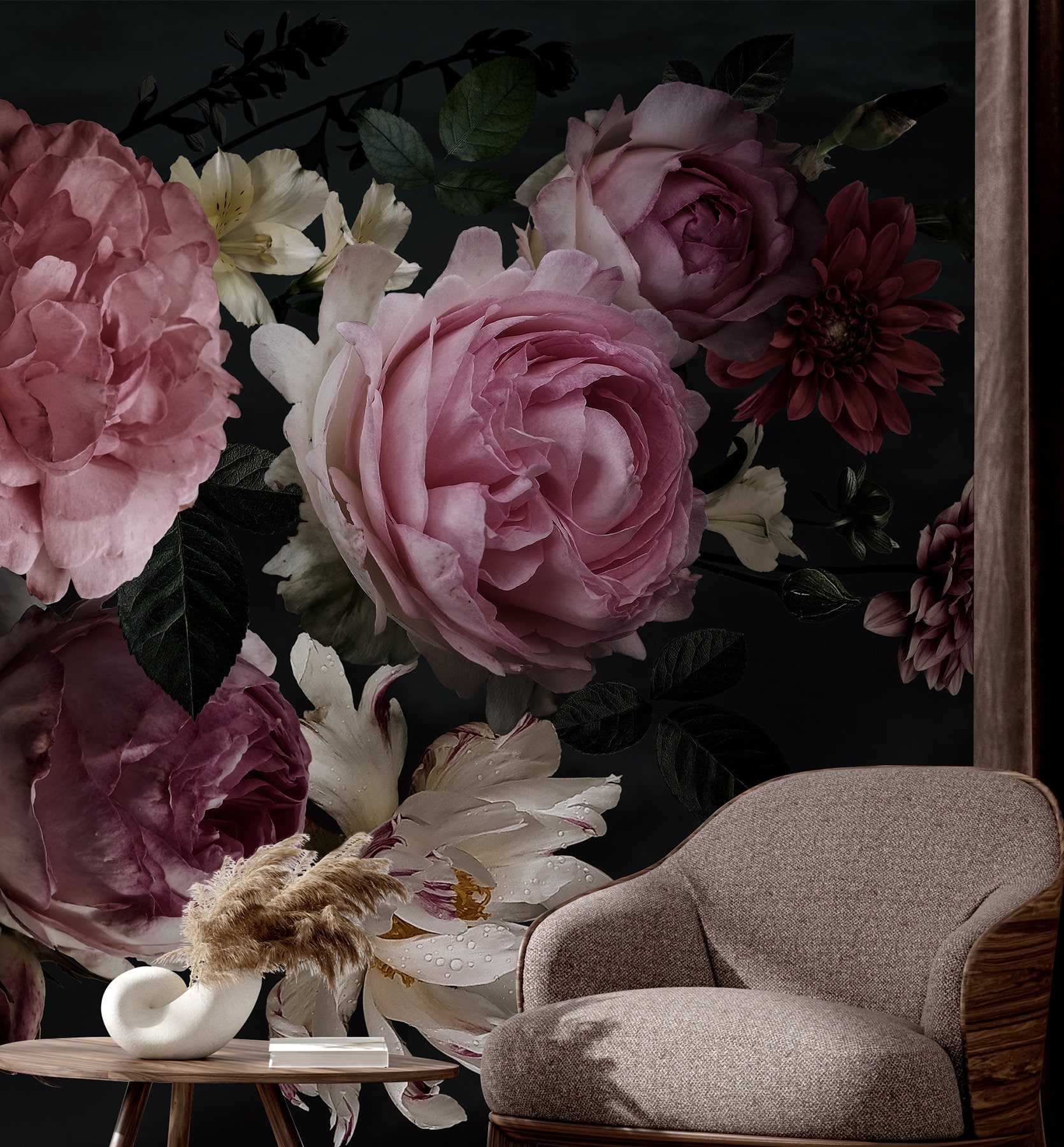 Dark Floral Wallpaper With Bouquet of Flowers Pink Peonies | Etsy