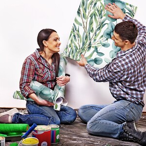 Watercolor Eucalyptus Leaves Wallpaper, Wall Mural, Removable, Self