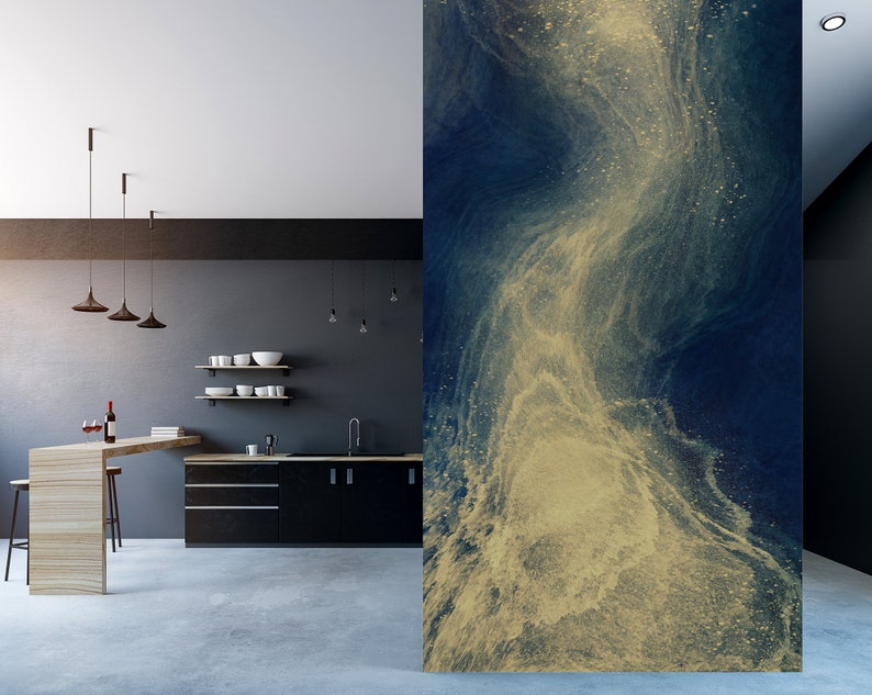 Navy blue and gold watercolor marble wallpaper paint stains | Etsy