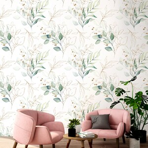 Wunderschöne matte hellgrüne Tapete mit Aquarellblättern, Wandbild, florales Abziehen und Aufkleben, selbstklebend, Wanddekoration