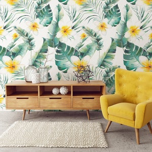 Tropische Tapete, Plumeriablüten, Palme, Bananenblätter, Wandbild, abnehmbare Tapete, selbstklebend, abziehen und aufkleben, Wanddekoration