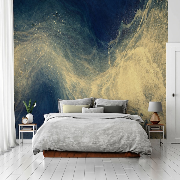 Navy blue watercolor marble wallpaper, paint stains, peel and stick wallpaper, removable wall mural, self adhesive