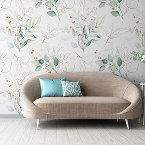 Hermoso papel tapiz verde claro mate con hojas de acuarela, mural de pared extraíble, autoadhesivo, con diseño floral. imagen 5