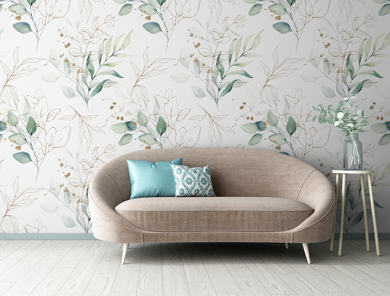Hermoso papel tapiz verde claro mate con hojas de acuarela, mural de pared extraíble, autoadhesivo, con diseño floral. imagen 5